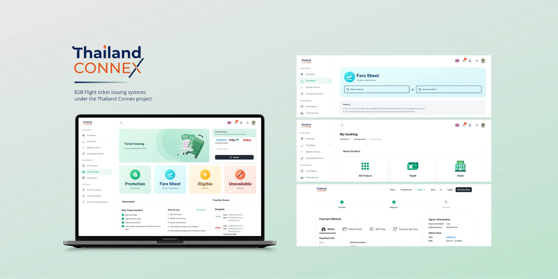 Thailand Connex B2B flight ticket issuing dashboard and booking interfaces