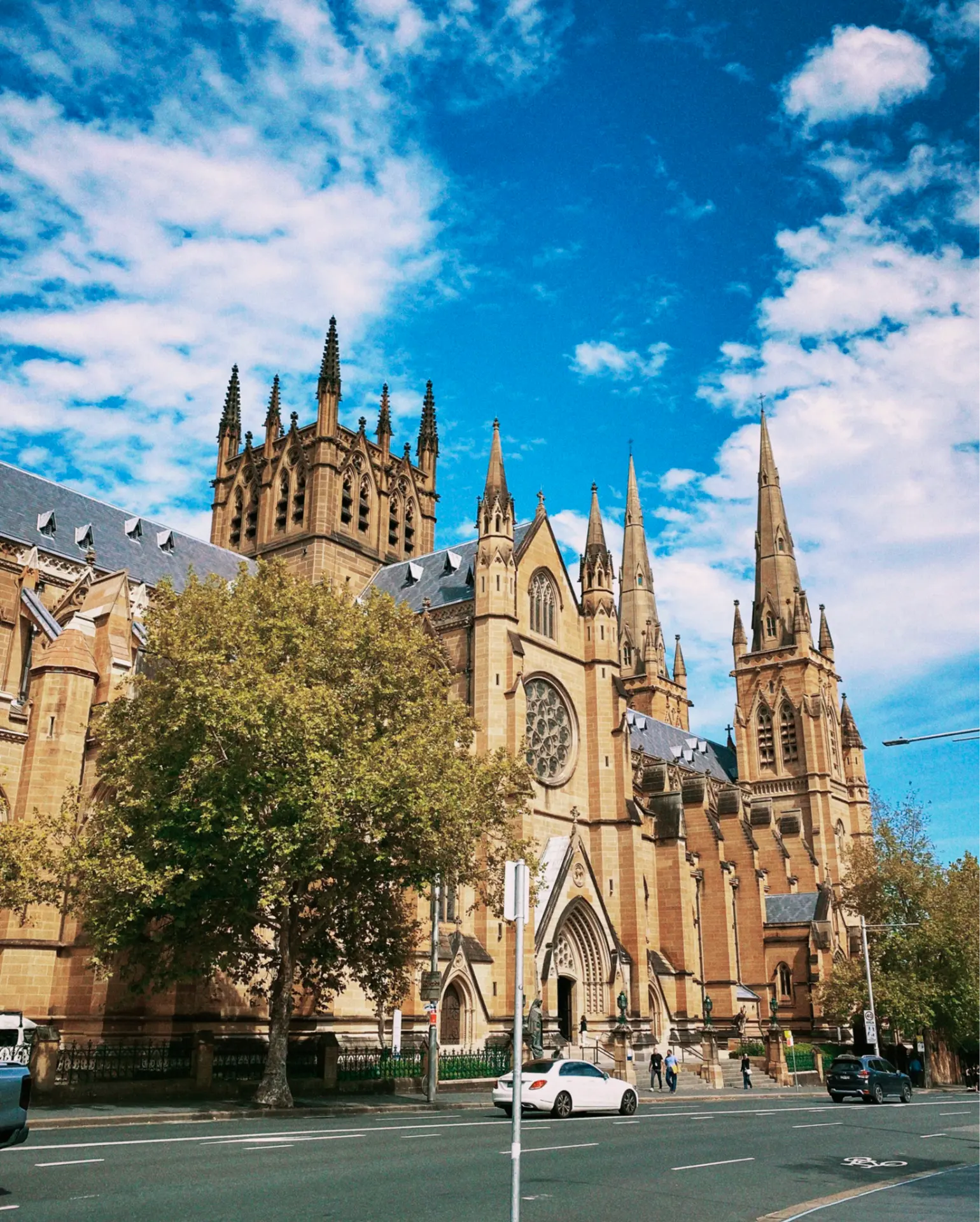 Sandstone Gothic cathedral rising above a city street under a bright blue sky