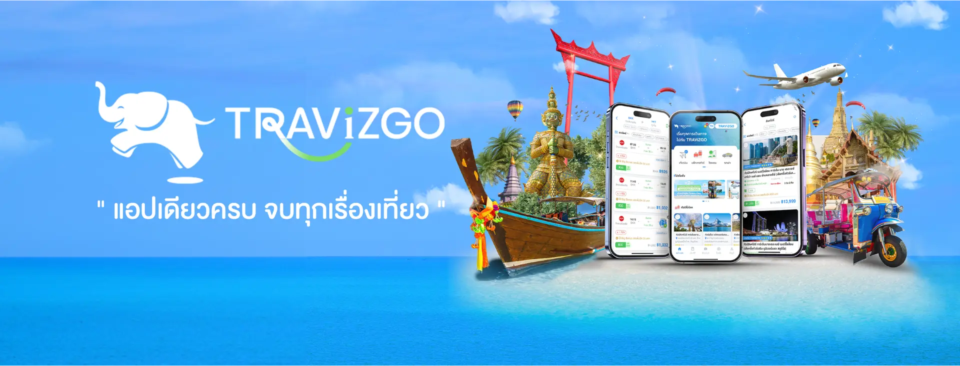 TRAViZGO banner with elephant logo and app mockups over a Thai beach