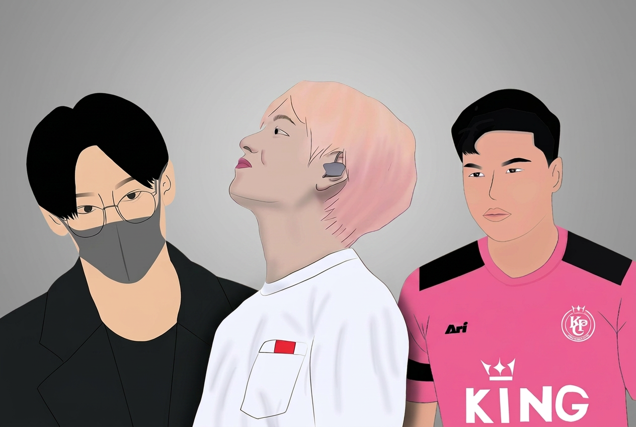 Digital illustration of three men in streetwear looking up at something off-camera
