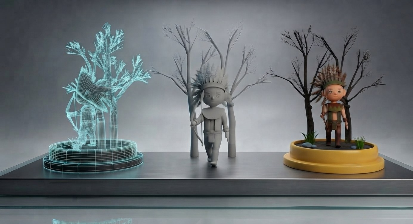 3D character shown in three stages — wireframe, clay and full colour render — each on a display pedestal