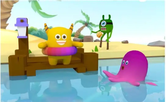 Beach scene with colourful 3D monsters playing in the water
