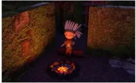 3D character sitting by a fire inside a cave