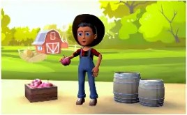 3D character holding a fruit crate on a farm