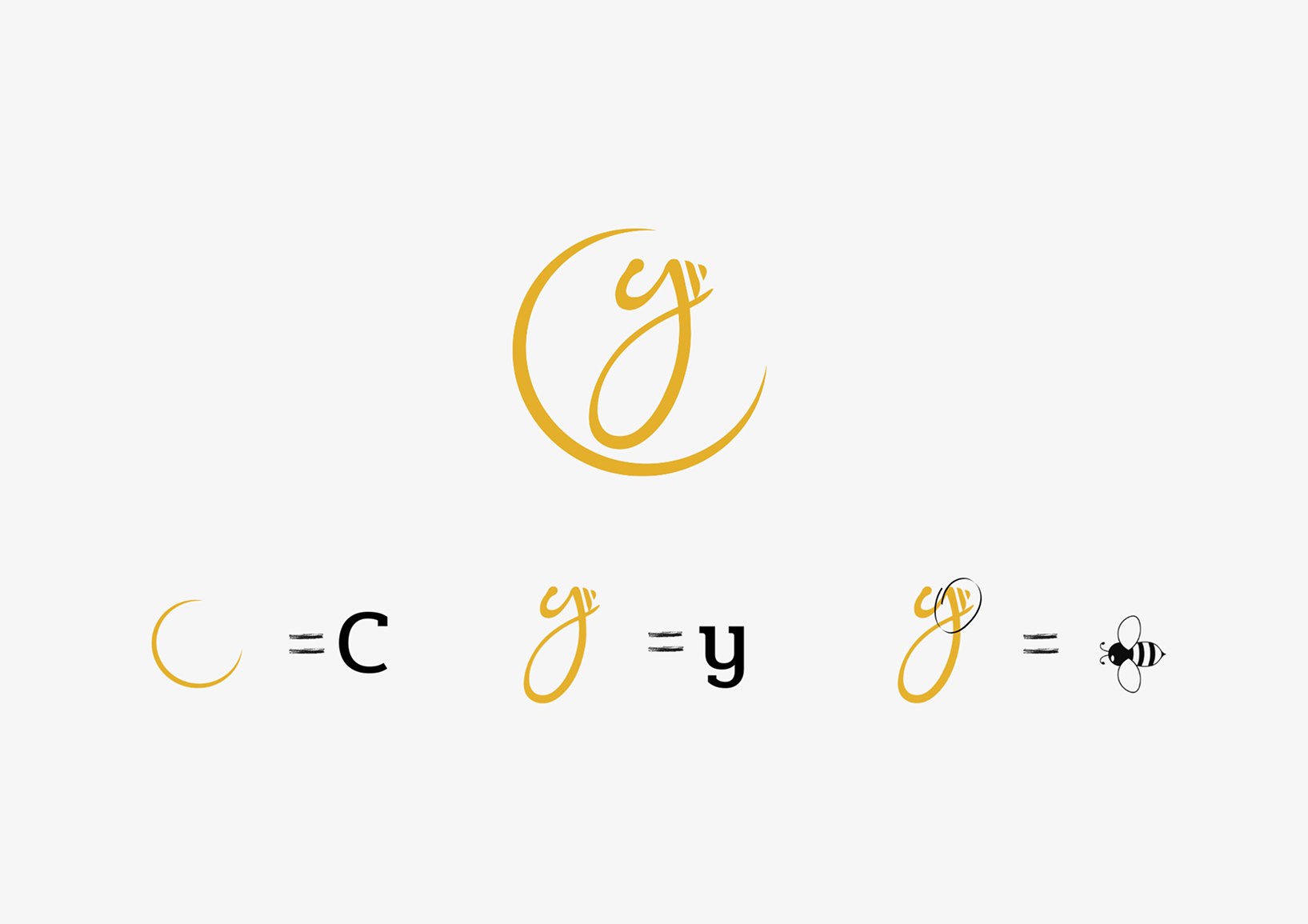 Logo exploration — the Chumyo mark built from the letters C and y with a bee