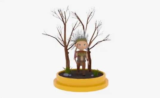 3D character with bare trees on a round pedestal, fully coloured render