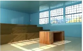 Lit 3D room with windows and wooden tables